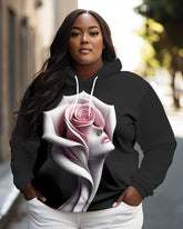 Women's Plus Simple Fashion Pink Rose Women Art Print Long-sleeved Hoodie